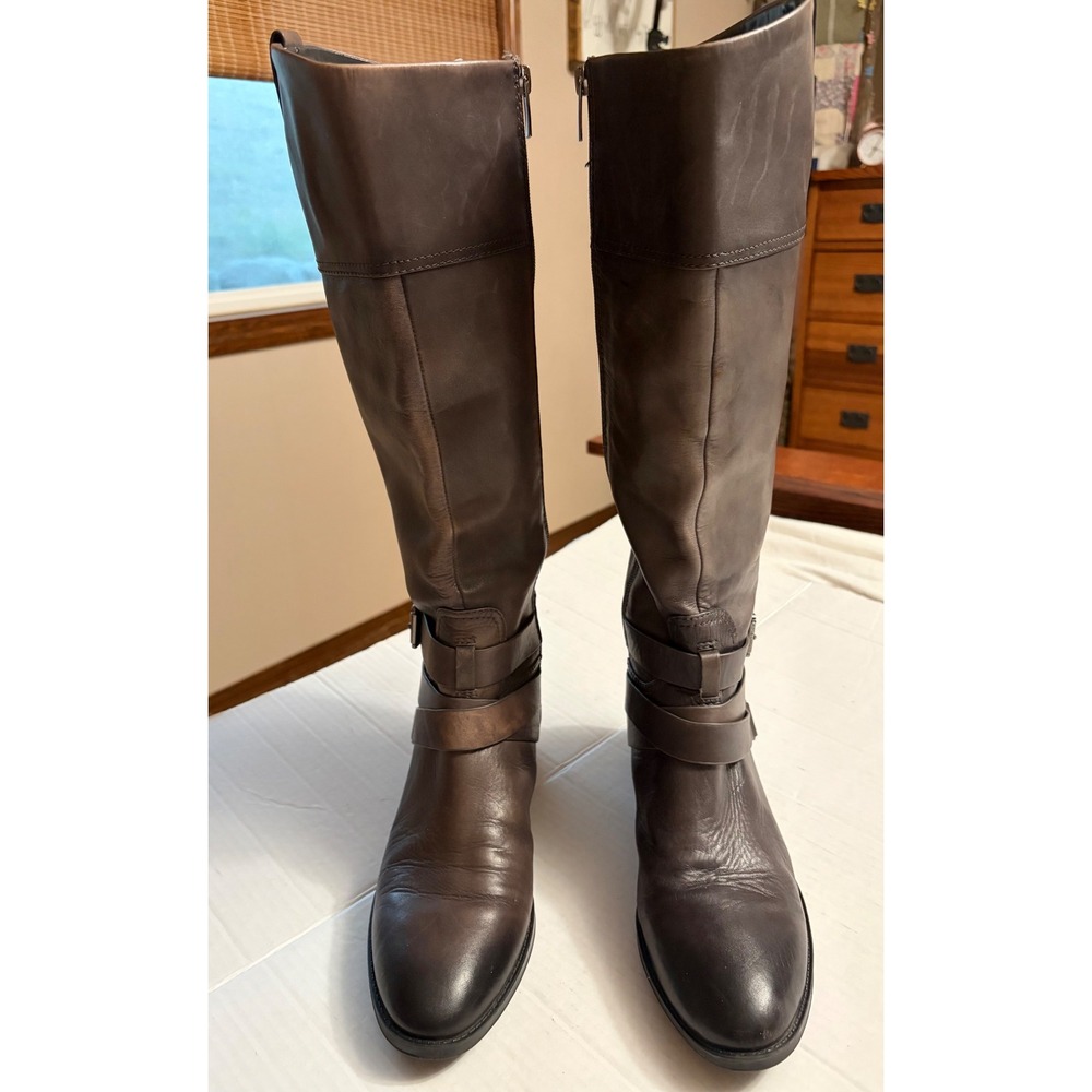 Vince Camuto Dark Brown Leather Knee High Riding Boots Buckle Strap Size 10M 40